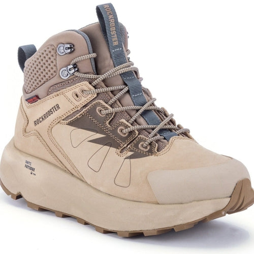 ROCKROOSTER Men’s 6-Inch Leather Hiking Boots – Waterproof, Slip Resistant, Lightweight, Anti-Fatigue, Vibram® Outsole (Model: OC21035 Farmington, Sand/Gray)