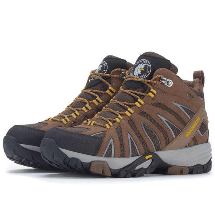 ROCKROOSTER Men’s 6-Inch Outdoor Hiking Boots – Waterproof, Slip Resistant, Lightweight, Anti-Fatigue, Vibram® Outsole (Model: OT21062 Bedrock, Brown/Yellow)