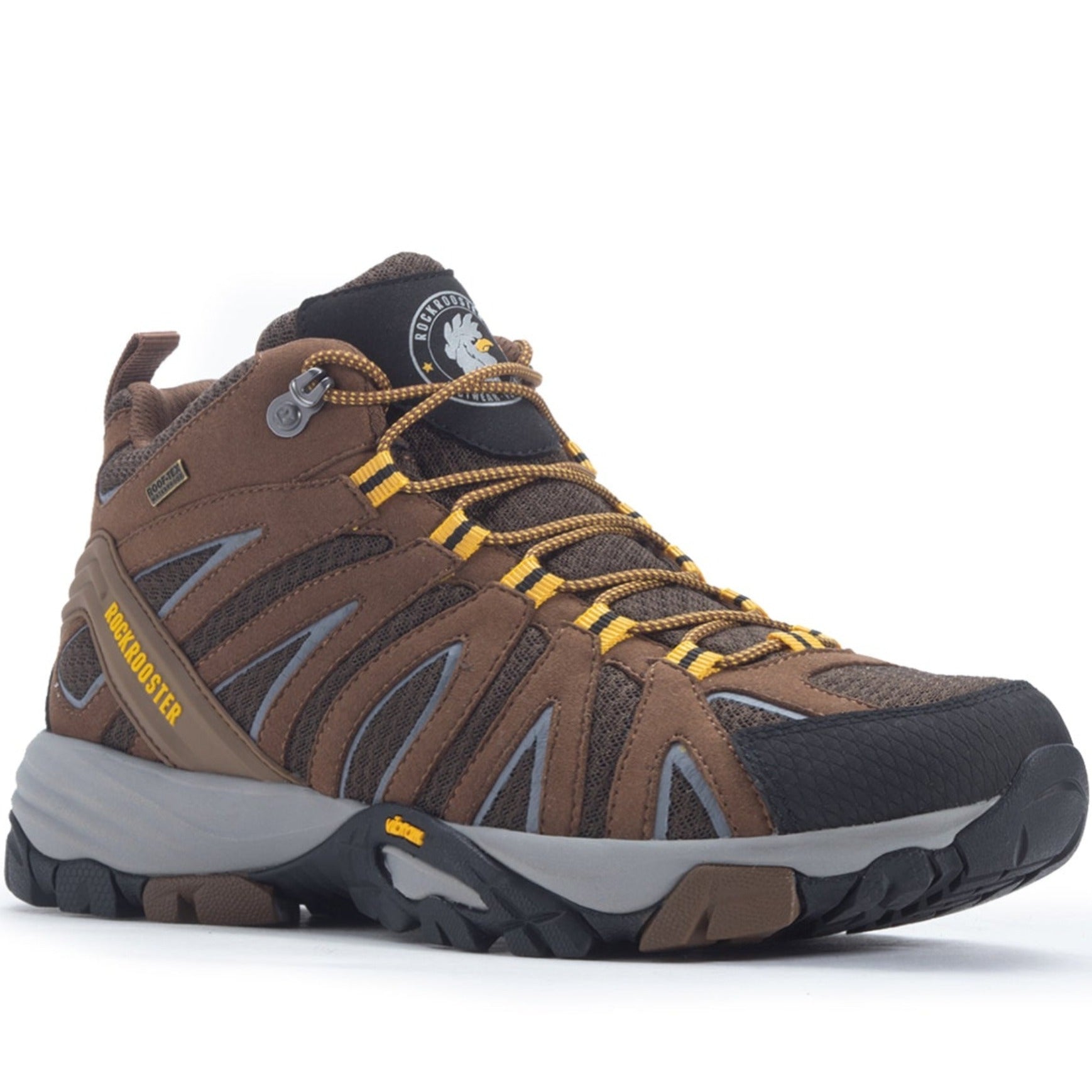 ROCKROOSTER Men’s 6-Inch Outdoor Hiking Boots – Waterproof, Slip Resistant, Lightweight, Anti-Fatigue, Vibram® Outsole (Model: OT21062 Bedrock, Brown/Yellow)