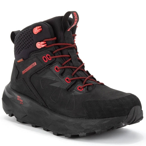ROCKROOSTER Men’s 6-Inch Leather Hiking Boots – Waterproof, Slip Resistant, Lightweight, Anti-Fatigue, Vibram® Outsole (Model: OC21034 Farmington, Black/Red)