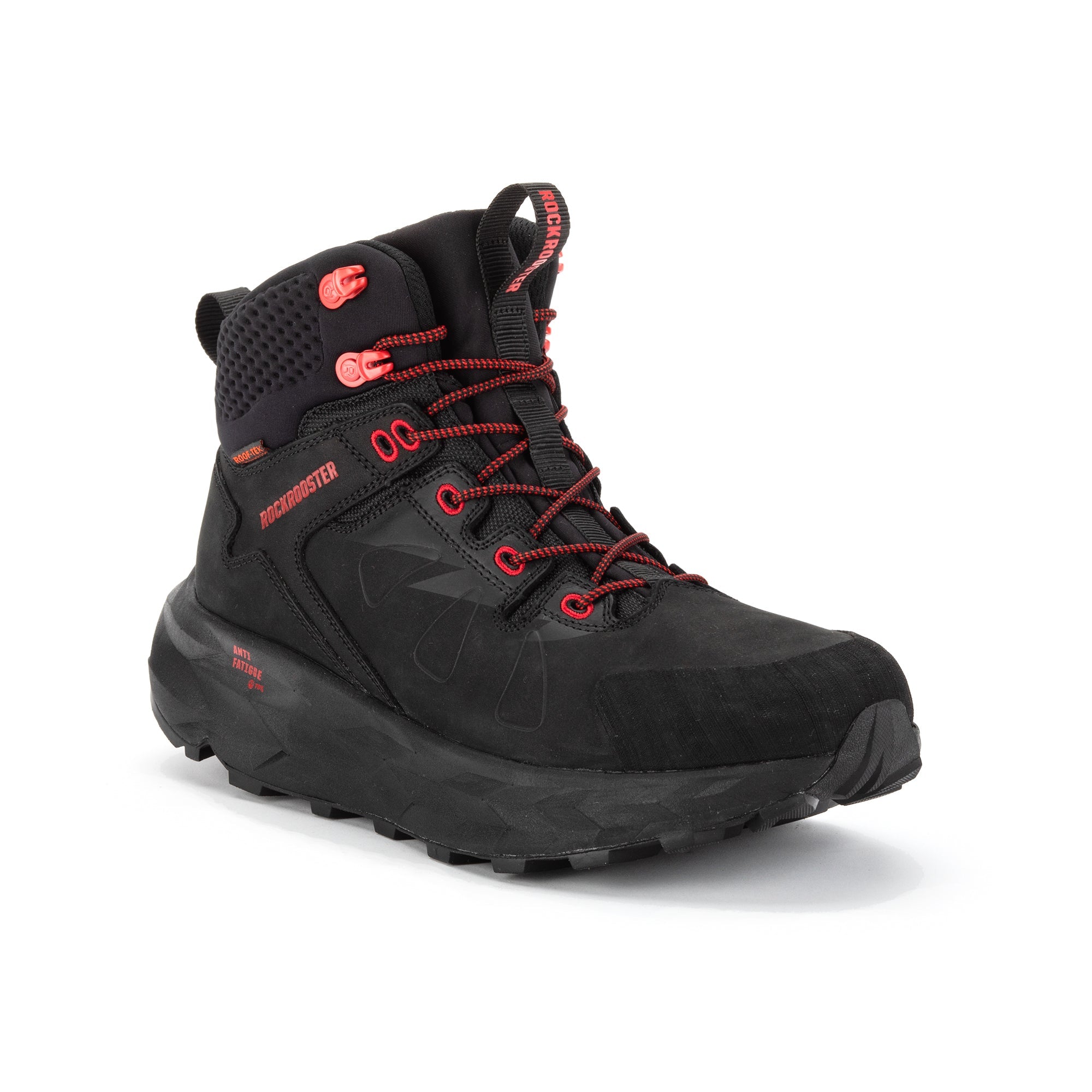 ROCKROOSTER Men’s 6-Inch Leather Hiking Boots – Waterproof, Slip Resistant, Lightweight, Anti-Fatigue, Vibram® Outsole (Model: OC21034 Farmington, Black/Red)