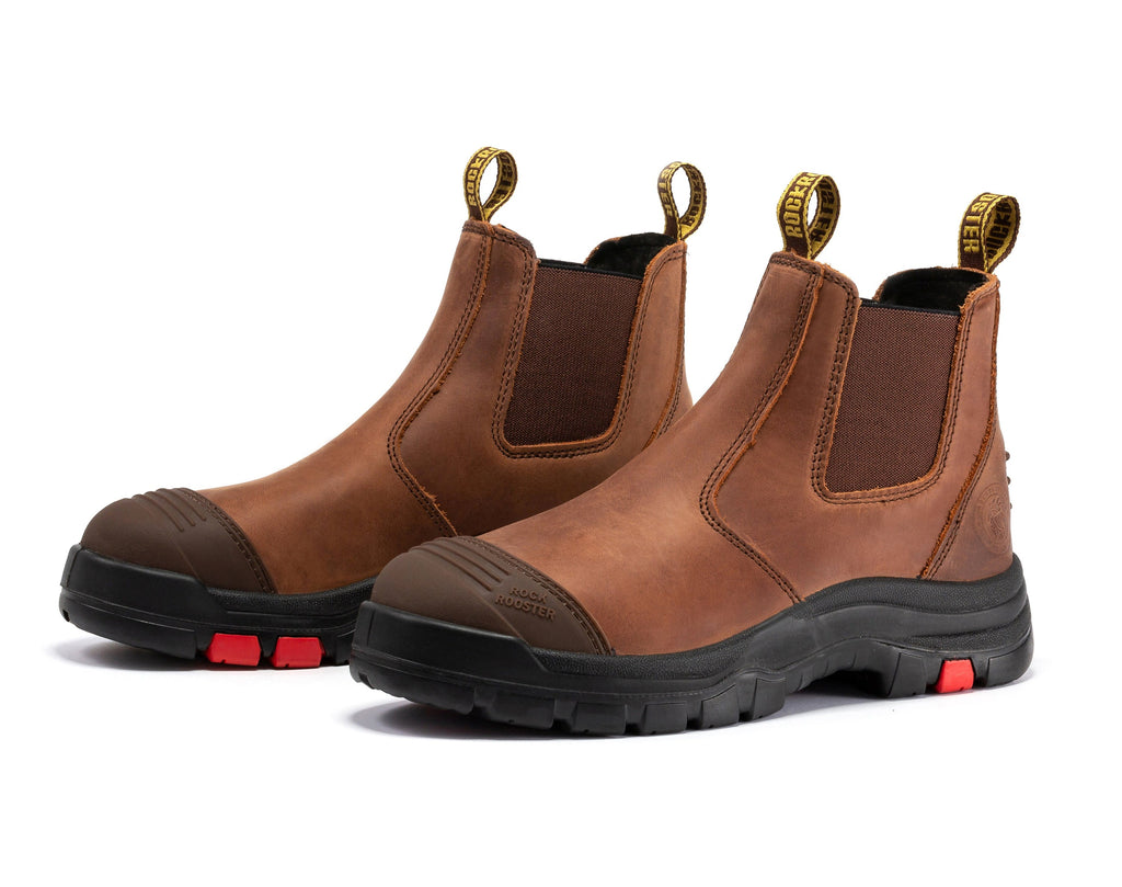 ROCKROOSTER Men’s 6-Inch Pull-On Work Boots – Soft Toe, Water-Resistant Leather, Slip & Heat Resistant, EH Rated, ASTM F2892-18 (Model: AK-224 Lumen, Brown)