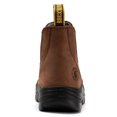 ROCKROOSTER Men’s 6-Inch Pull-On Work Boots – Soft Toe, Water-Resistant Leather, Slip & Heat Resistant, EH Rated, ASTM F2892-18 (Model: AK-224 Lumen, Brown)