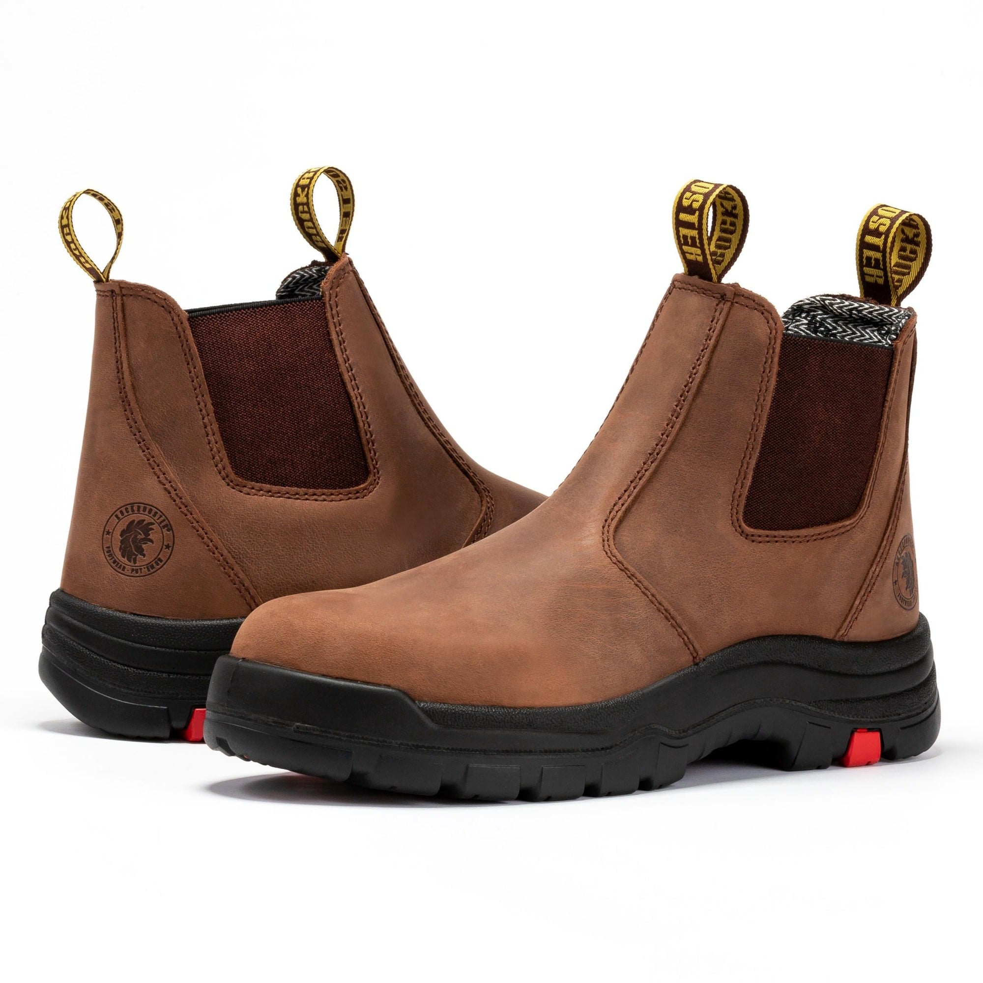 ROCKROOSTER Men’s 6-Inch Pull-On Work Boots – Soft Toe, Water-Resistant Leather, Slip & Heat Resistant, EH Rated, ASTM F2892-18 (Model: AK-224 Lumen, Brown)